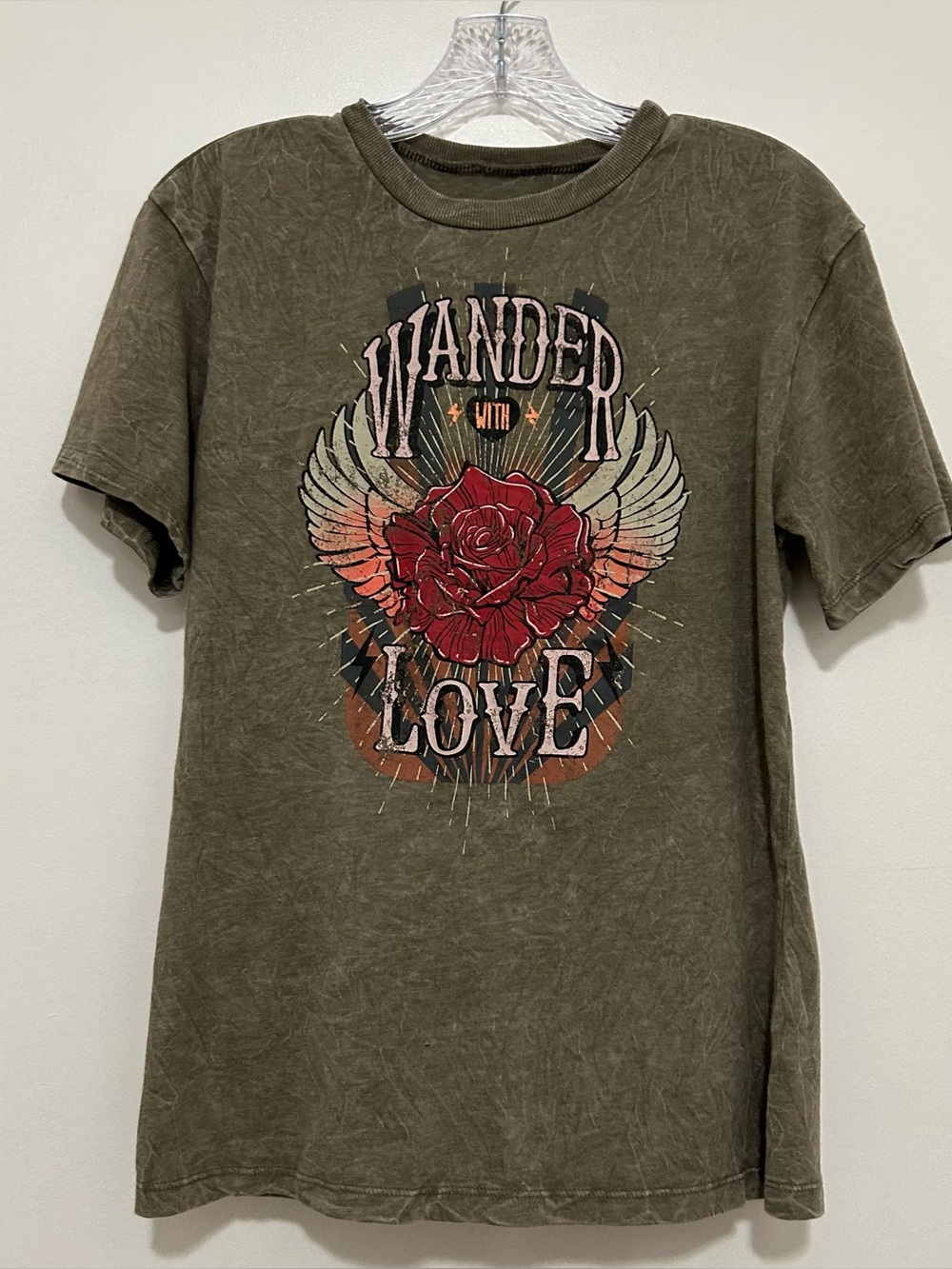 Western Grunge Boho Shirt Acid Wash Wing Rose Y2K Style Size Medium Short Sleeve